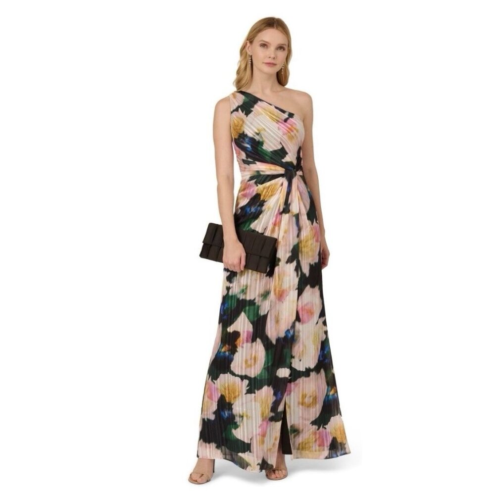Adrianna Papell Women's Blush Black One-Shoulder Chiffon Dress Event Maxi Size 4